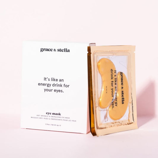 Grace and Stella Gold Eye Masks buy at Counter Culture - pair of eye masks in front of outer box