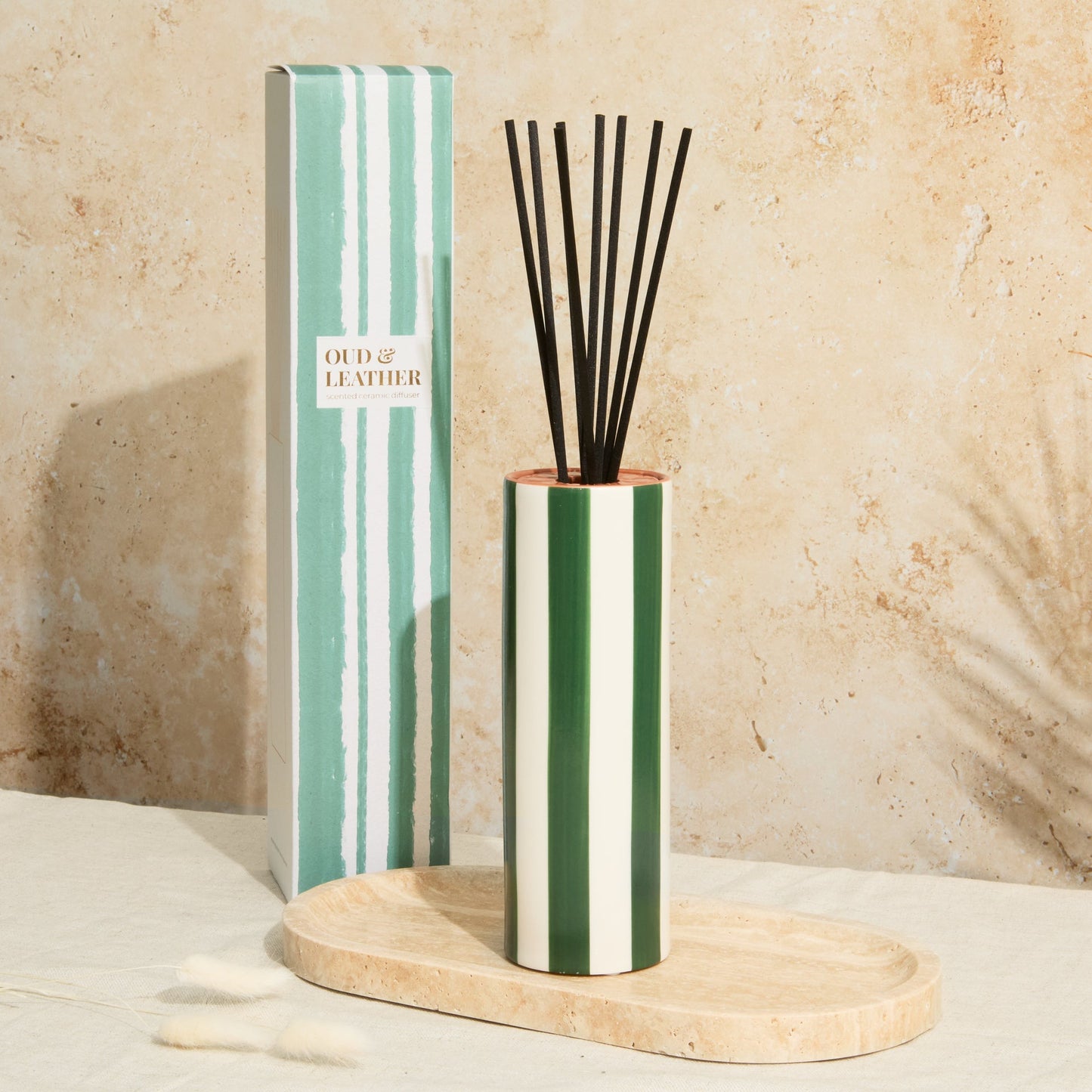 Zesty Lemons Marrakesh: Olive Striped Diffuser - Oud & Leather