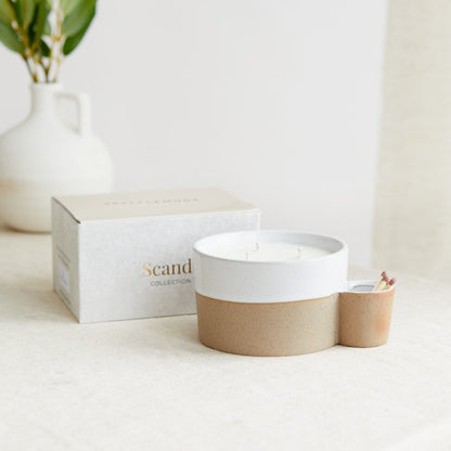 Zesty Lemons Scandi: Two Toned Ceramic Candle with Match Holder - Lemon & Lavender