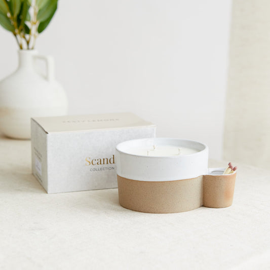 Zesty Lemons Scandi: Two Toned Ceramic Candle with Match Holder - Lemon & Lavender