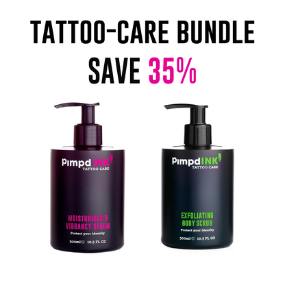 Pimpdink Tattoo Care - Tattoo-care Bundle, Moisturiser & Vibrancy Serum + Exfoliating Body Scrub | 300ml Pumps