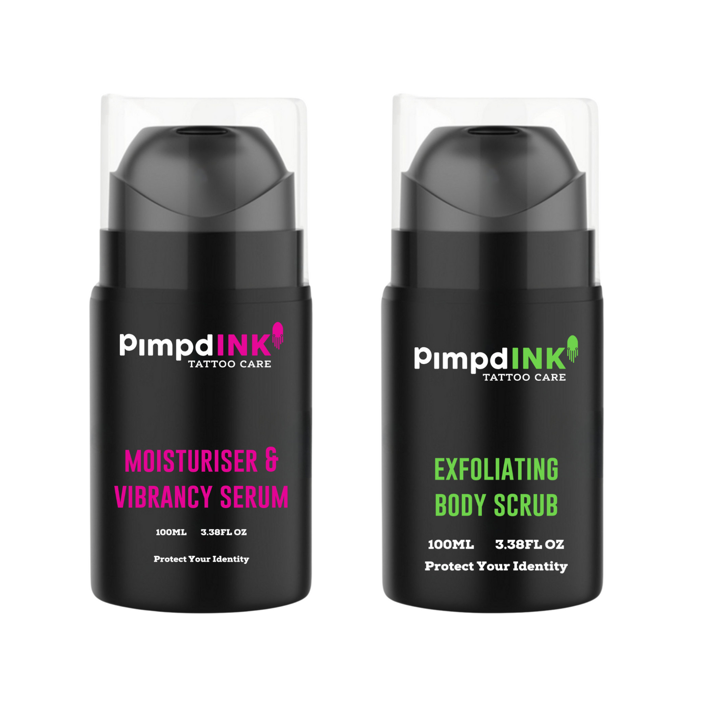 Pimpdink Tattoo Care - Bundle, Moisturiser & Vibrancy Serum + Exfoliating Body Scrub | 100ml Airless Pumps