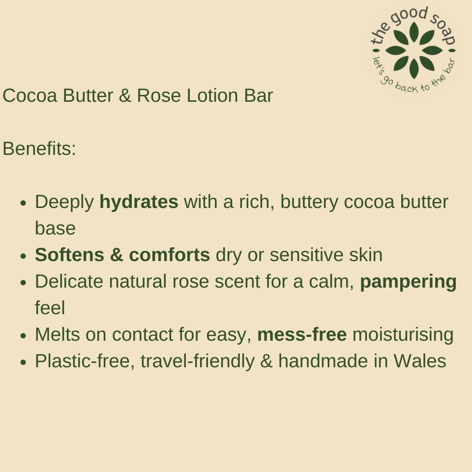 The Good Soap - Cocoa Butter & Rose Lotion Bar – Softening Solid Moisturiser for Dry Skin