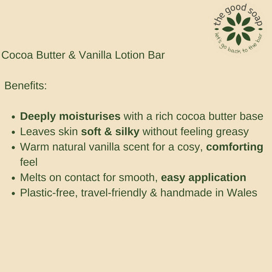 The Good Soap - Cocoa Butter & Vanilla Lotion Bar – Natural Moisturiser for Soft, Glowing Skin