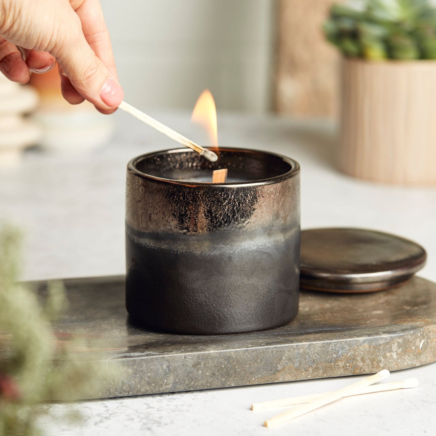 Zesty Lemons Kiln: Bronze & Graphite Ceramic Candle - Activated Charcoal & Matcha