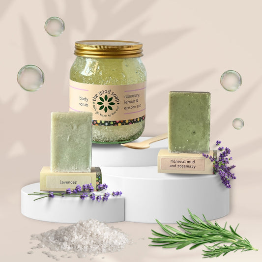 The Good Soap - Rosemary and Lavender Set - Salt Scrub, Pumice Soap, Soap / Shampoo Bar