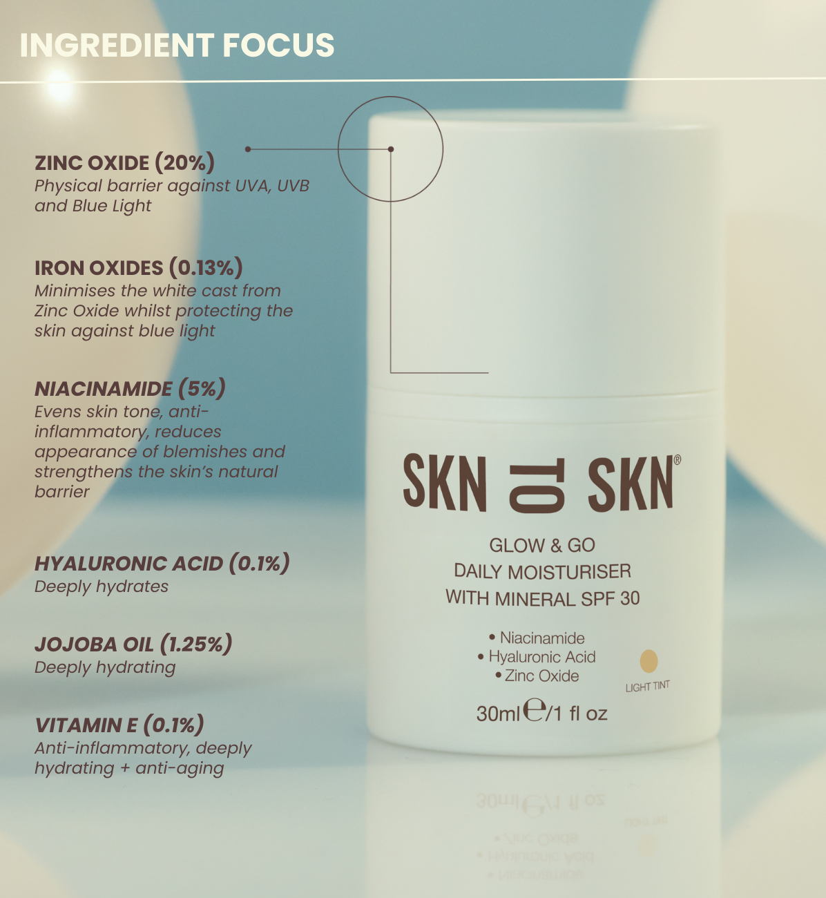 SKN TO SKN - GLOW & GO DAILY MOISTURISER WITH MINERAL SPF 30 30ml