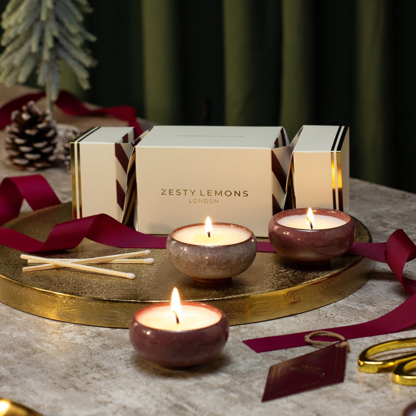 Zesty Lemons Under the Tree: Burgundy Tea Light Cracker (Box of 3) - Spiced Clementine