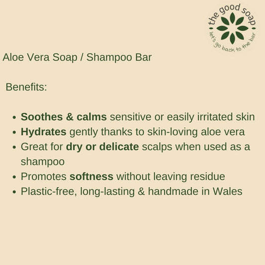 The Good Soap - Aloe Vera Bar - Gentle Soap and Solid Shampoo for Sensitive Skin