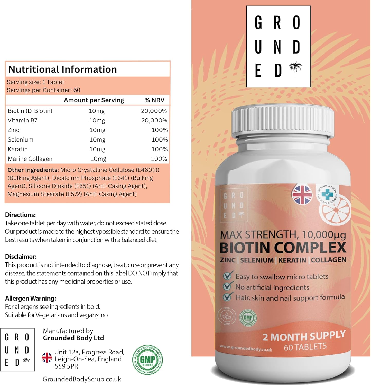 Grounded Body - Grounded Biotin Hair Growth Complex 10,000mcg Tablets