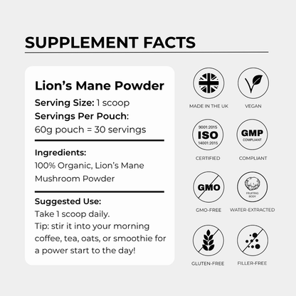 Charava UK - Lion's Mane Powder - 60 Grams - 30 Servings