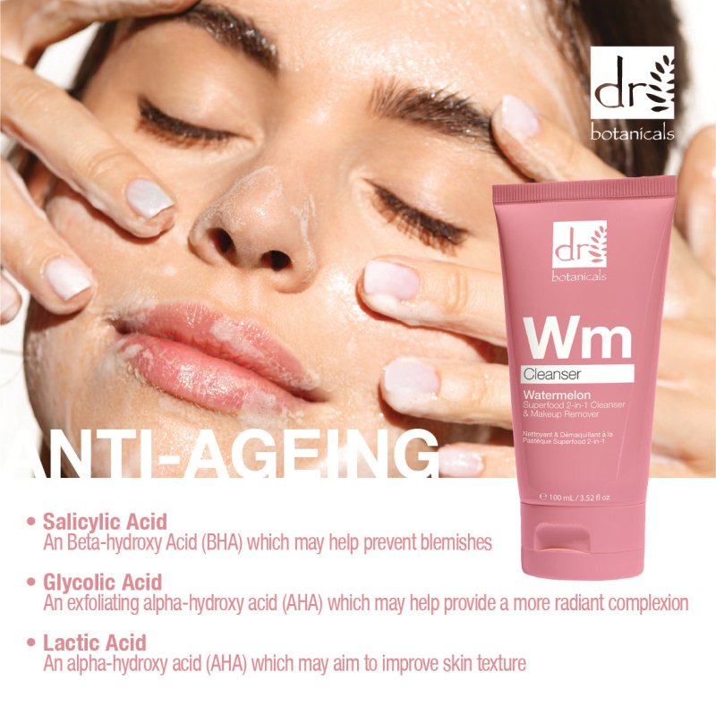 Dr Botanicals - Watermelon Superfood 2-in-1 Cleanser & Makeup Remover with Glycolic Acid, Salicylic Acid and Lactic Acid 100ml